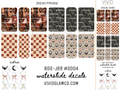 A digital preview sheet for Halloween waterslide decals by Vivid Glamco, featuring multiple patterned decal designs including ghosts, moonss,bats, black and white print, and bows.