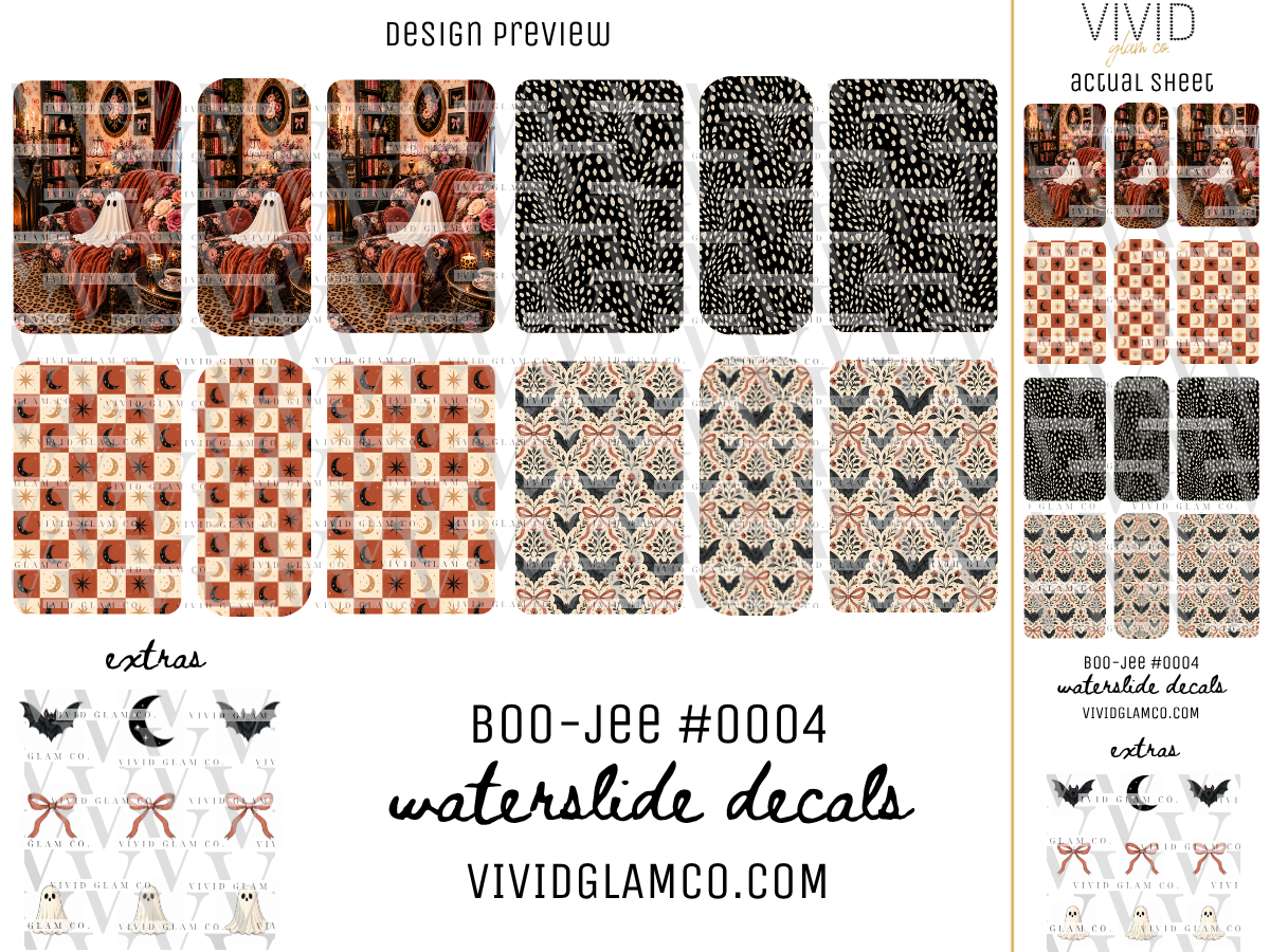 A digital preview sheet for Halloween waterslide decals by Vivid Glamco, featuring multiple patterned decal designs including ghosts, moonss,bats, black and white print, and bows.