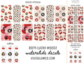 A product preview sheet for 'Born Lucky #0002' waterslide decals by Vivid Glamco, showing multiple patterned decal sheets with cherries, leopard prints, and vinyl record designs on a white background with text labels.