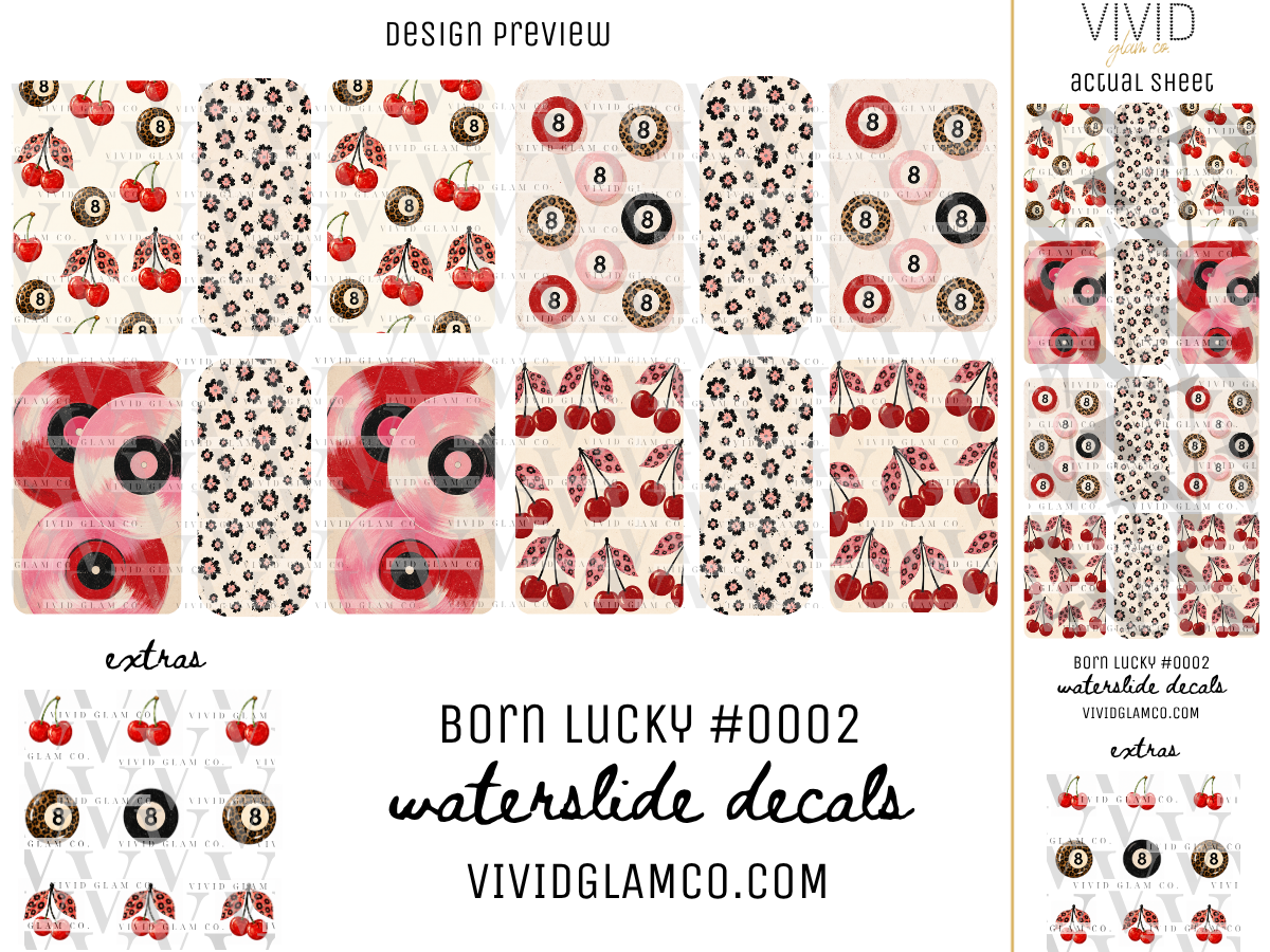 A product preview sheet for 'Born Lucky #0002' waterslide decals by Vivid Glamco, showing multiple patterned decal sheets with cherries, leopard prints, and vinyl record designs on a white background with text labels.
