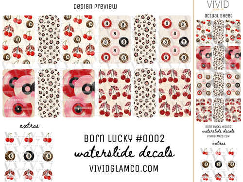 A product preview sheet for 'Born Lucky #0002' waterslide decals by Vivid Glamco, showing multiple patterned decal sheets with cherries, leopard prints, and vinyl record designs on a white background with text labels.