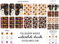 A digital preview sheet for Halloween waterslide decals by Vivid Glamco, featuring multiple patterned decal designs including ghosts, pumpkins, plaid, floral, and owl motifs on a white background with text labels.