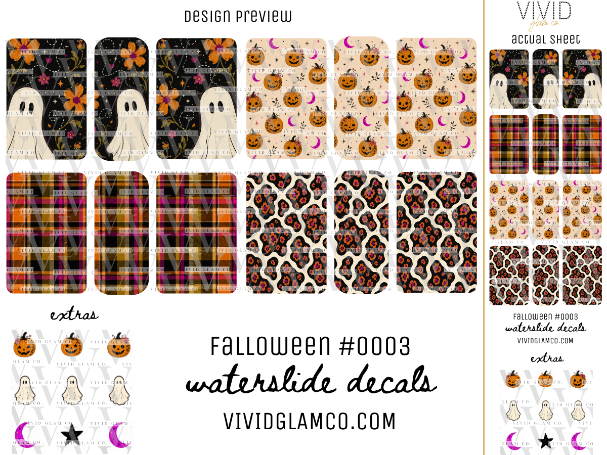 A digital preview sheet for Halloween waterslide decals by Vivid Glamco, featuring multiple patterned decal designs including ghosts, pumpkins, plaid, floral, and owl motifs on a white background with text labels.