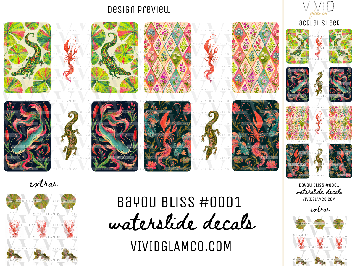 A product preview sheet for 'Bayou Bliss #0001' waterslide decals by Vivid Glamco, showing various patterned decal designs including tropical fish, lizards, and geometric diamonds in green, pink, orange, and black, alongside a sheer version of the patterns.