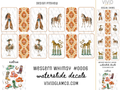 A digital preview sheet for Western-themed waterslide decals by Vivid Glamco, featuring various designs including poncho-clad figures, horses, roosters, giraffes, boots, hats, and geometric patterns on a white background with orange borders.