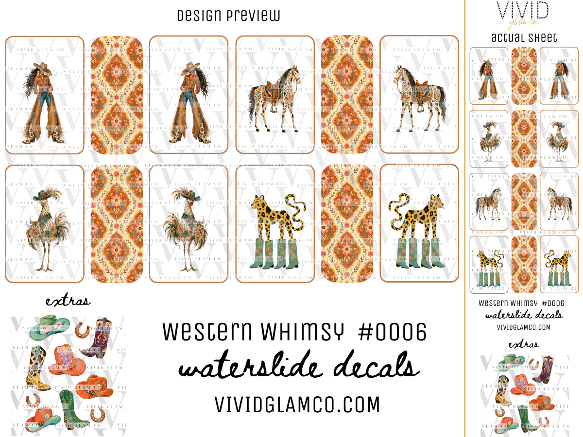 A digital preview sheet for Western-themed waterslide decals by Vivid Glamco, featuring various designs including poncho-clad figures, horses, roosters, giraffes, boots, hats, and geometric patterns on a white background with orange borders.