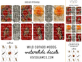 A product preview sheet for 'Wild Canvas #0005' waterslide decals by Vivid Glamco, showing various animal-themed patterns including zebras, giraffes, and abstract designs on red, beige, and black backgrounds.