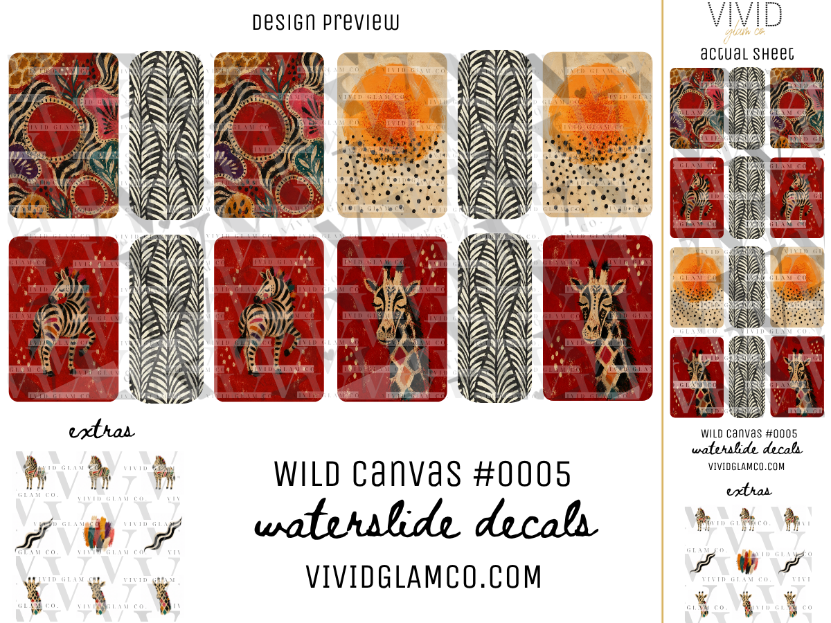 A product preview sheet for 'Wild Canvas #0005' waterslide decals by Vivid Glamco, showing various animal-themed patterns including zebras, giraffes, and abstract designs on red, beige, and black backgrounds.