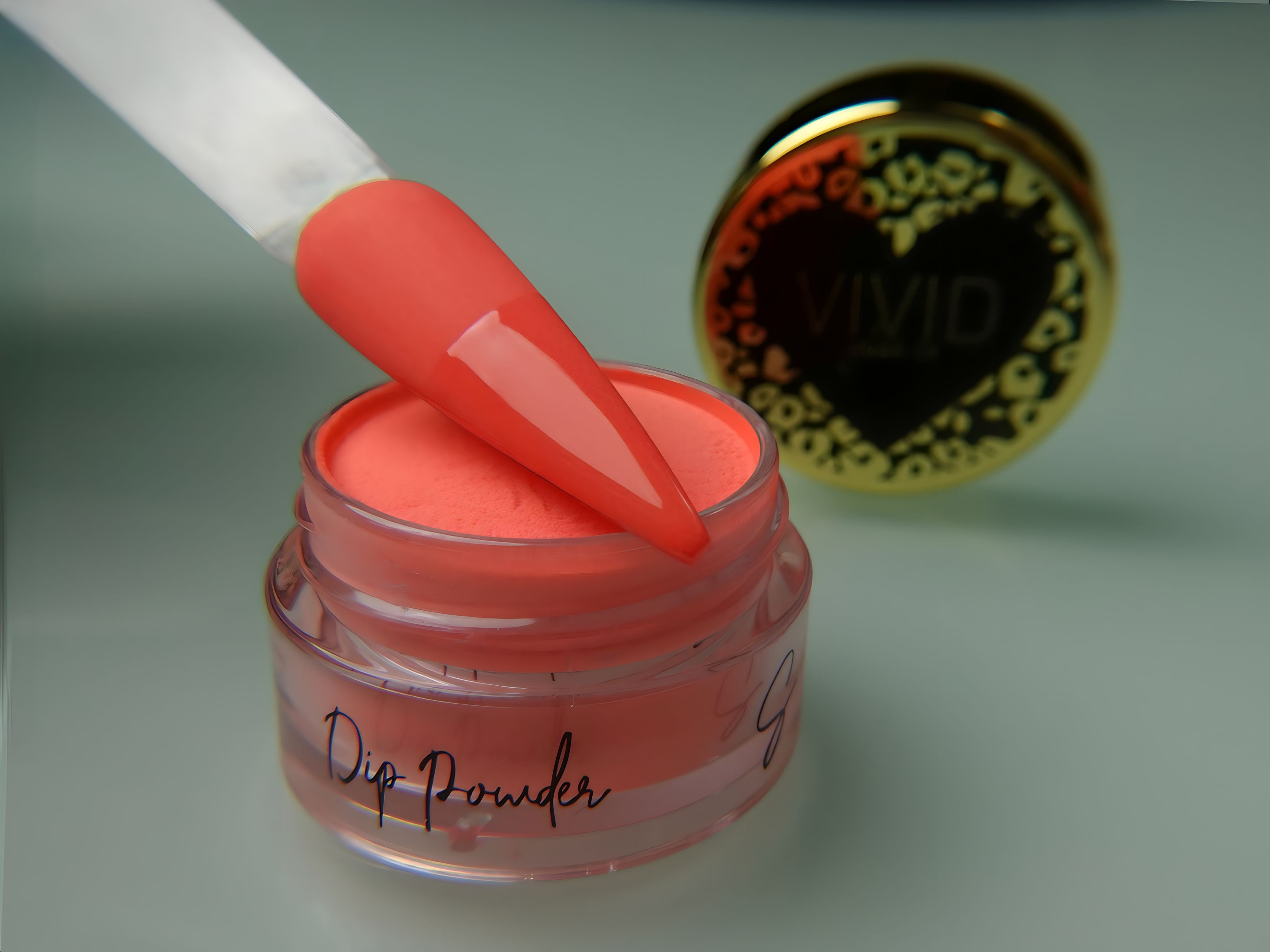 A collection of nail dip powder kit items including bottles of glue, activate, and gloss, a jar of dip powder, a nail tool kit with a file and brush, and additional replacement brush/cap.