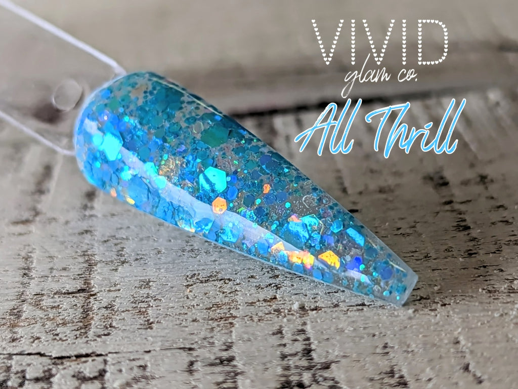 All Thrill Blue Glitter Dip Powder Shade for Nails Vivid Glam Co